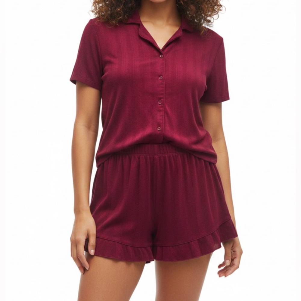 Wild Fable Pajama Set Burgundy Solid Button Down Shirt Ruffle Shorts Size Large